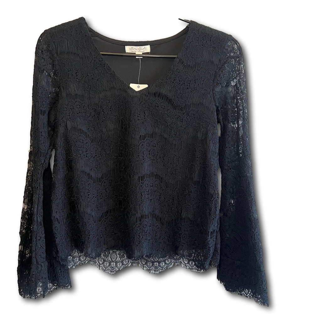 Ultra Flirt Lace Flare Long Sleeves Blouse Black Mid Crop Junior’s Size XS